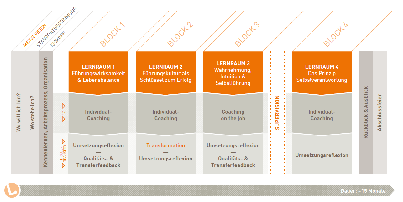 Schaubild Executive Leadership Program 1. Führungsebene mit vier Lernräumen, Coaching, Praxistransfer und Supervision über 15 Monate