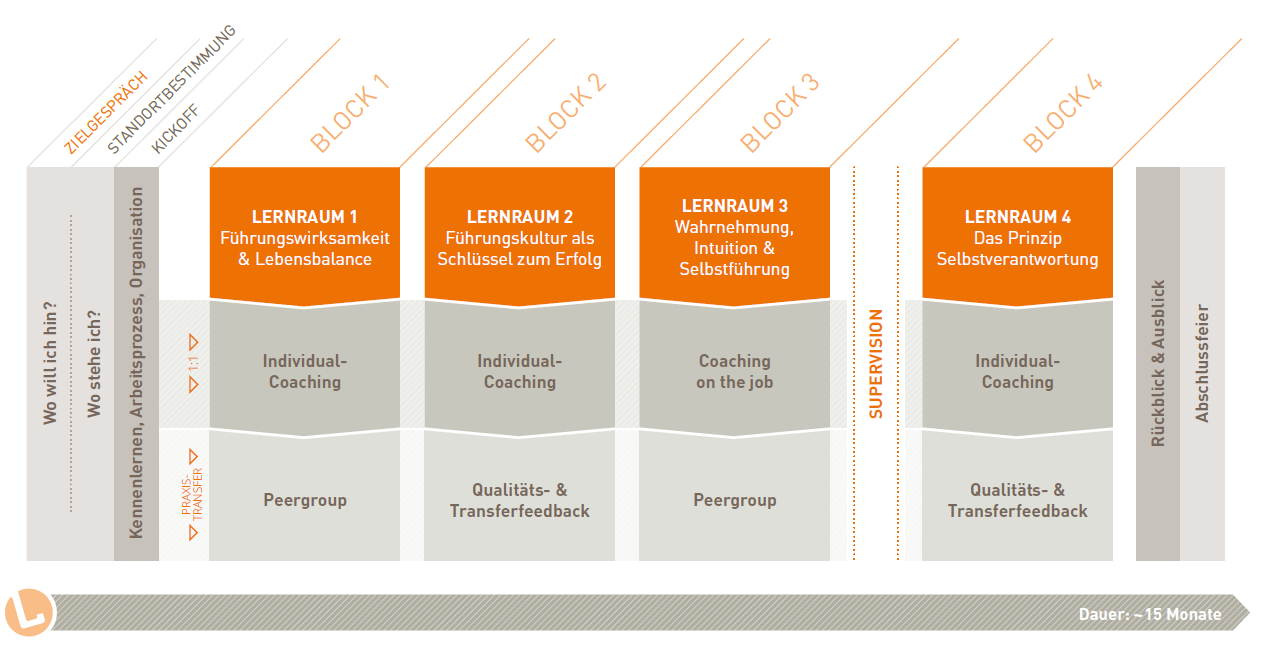 Schaubild Executive Leadership Program 2. Führungsebene mit vier Lernräumen, Peergroup, Coaching und Praxistransfer über 15 Monate